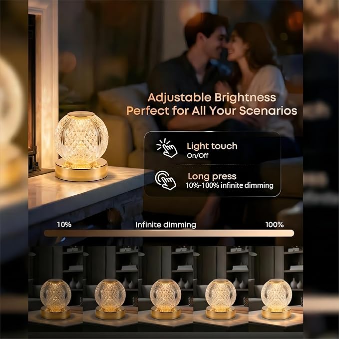 Rechargeable Crystal Bedside Lamp, Cordless Table Lamp with Remote & Touch Control, 3600mAh Fast Charging, 3 Color Dimmable Wall Mountable Night Light for Bedroom Home Decor(Gold)