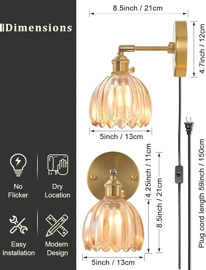 Plug in and Hardwired Wall Sconces, Luxury Vintage Tulip Crystal Glass Shade Wall Light with Switch for Bedside Bedroom Living Room (Tulip-Amber, 1)