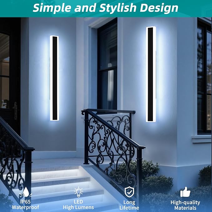 Mikeru 2Pack 39.3inch Long Led Wall Light, 6000k Cool White Modern Outdoor Wall Light Ip65 Waterproof Black Acrylic Porch Exterior Lighting Fixtures, Exterior Wall Mount Lights