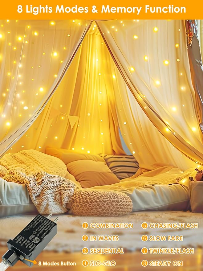 66Ft 200 LED Fairy Lights Plug in, Waterproof String Lights Outdoor & Indoor 8 Modes Christmas Light Bedroom Decor, Timer Twinkle Lights for Girl's Room Garden Party Christmas Decorations (Warm White)