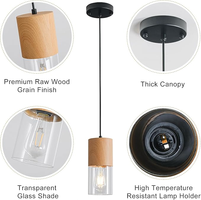 3-Pack Modern Pendant Lights for Kitchen Island, Adjustable Pendant Light Fixtures with Raw Wood Grain, Industrial Clear Glass Pendant Lights for Dining Table Hallway Bedroom Living Room