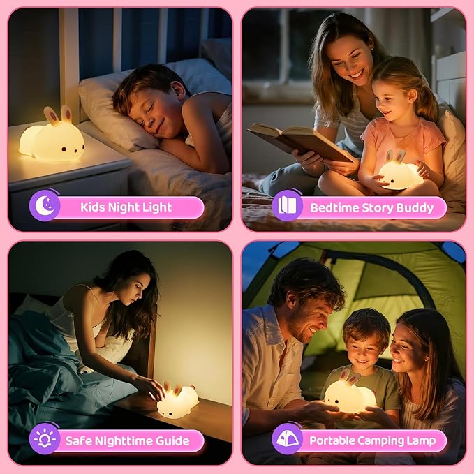 OneFire Easter Bunny Gifts for Kids, 16 Colors Night Light for Kids Cute Lamp, Soft Silicone Baby Night Light, 1200mAh Portable Dimmable Bunnies Touch Lamps, Easter Gifts Bunny Toys Kawaii Room Decor