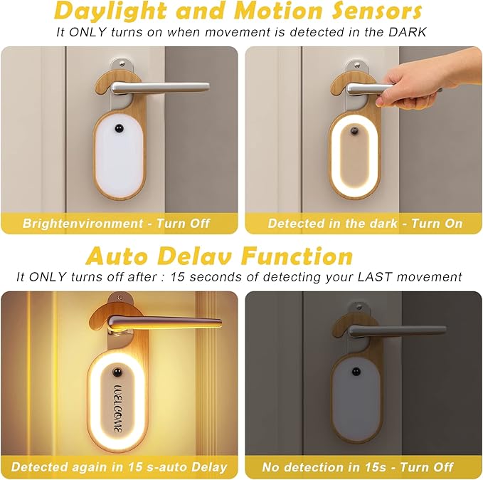 Wooden Message Memo Motion Sensor Door Key Night Light, Doorknob Board LED Door Lock Lamp, Rechargeable Doorhandle Warm Light Hook Design for Bedroom, Bathroom