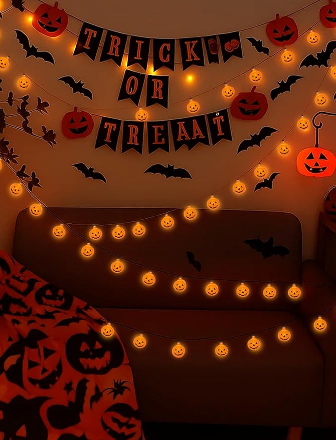 Halloween Outdoor Pumpkin Lights,10 LED Pumpkin String Light 8.5ft Waterproof Orange Jack-O-Lantern Lighted Pumpkins for Indoor Outdoor Home Bedroom Camper Decor Party Decorations