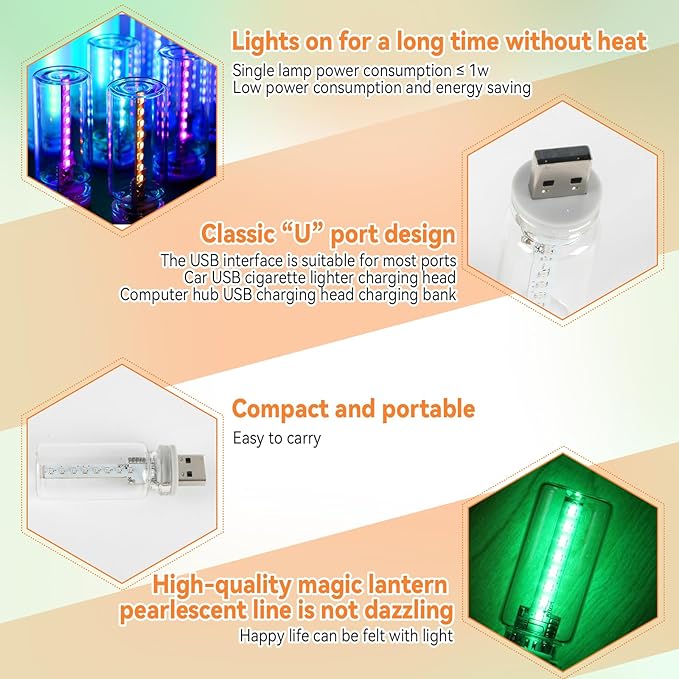 5Pcs Mini Retro Car Light, 10 Modes, Transparent Shell USB LED Car Interior Atmosphere Lamps, Touch-Control Portable Plug-in Glass Bottle Ambient Night Light for Camping Bedroom Party