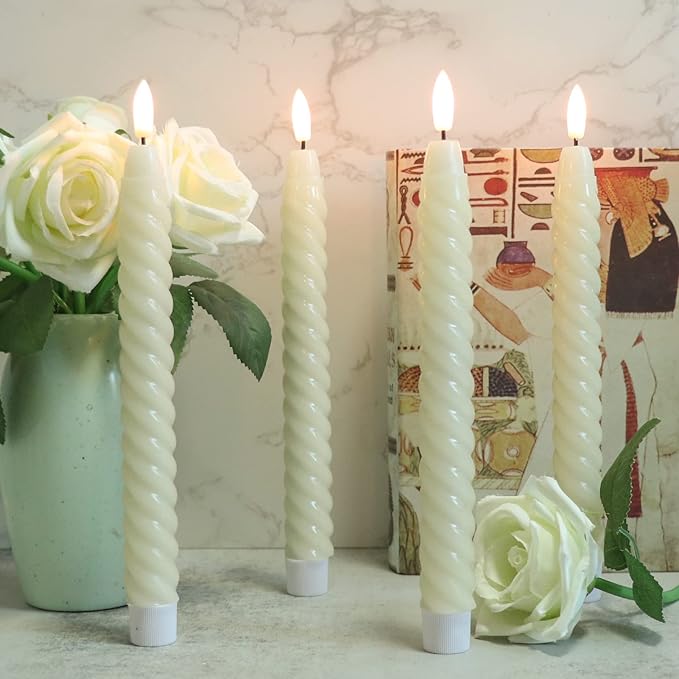 Flameless Taper Candles Flickering with Remote Timer, LED Taper Candles Battery Operated Warm 3D Wick Spiral 6 Pack Real Wax Home Birthday Decor 9.8" Ivory