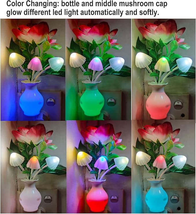 AUSAYE 2 Pack Sensor LED Night Light Plug-in Nightlight, Color Changing Mushroom Light Rose Flower Night Lights for Kids Adults Bedroom, Bathroom, Nursery, Kitchen, Basement