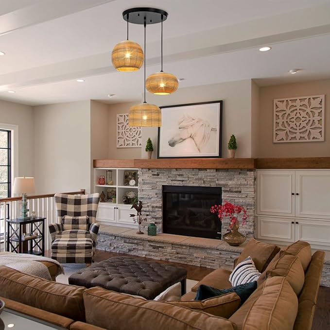 3-Light Chandelier Vintage Rattan Pendant Light Fixtures Hand Woven Boho Rattan Light Fixtures Ceiling Hanging, Farmhouse Chandelier for Dining Room Kitchen Island Bedroom