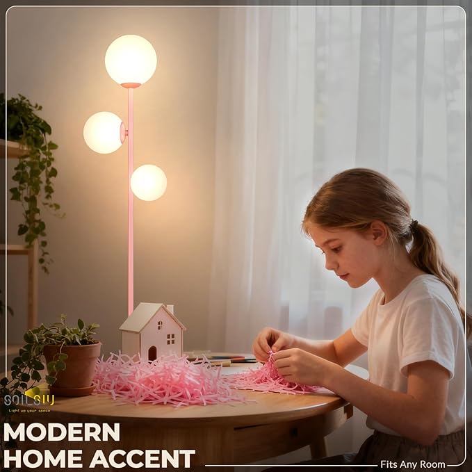 Soilsiu 3 Globe Floor Lamp - Mid Century Modern Standing Light with 3 Color Temperatures, LED Bulbs, Frosted Glass Shades for Living Room (Pink)