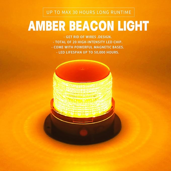 BooYu Battery Operated Amber Warning Beacon Light w/Magnetic Base, Portable Rechargeable Mini Roadside Roof Top Plow LED Strobe Emergency Flash Mail Lights for Trucks/Trailer/Vehicle 1-Pcs