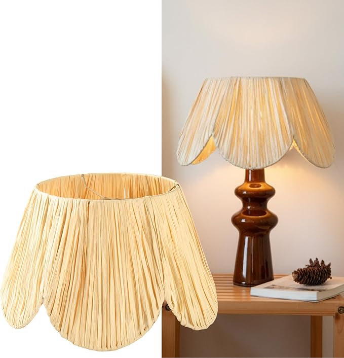Raffia Lamp Shade for Table Lamps, Scalloped Wicker Small Lampshade for Living Room, Bedroom, or Desk Lamp, Boho Spider Pleated Lamp Shade (8.3”T x 13”B x 7.5”H) (Base & Bulb NOT included)