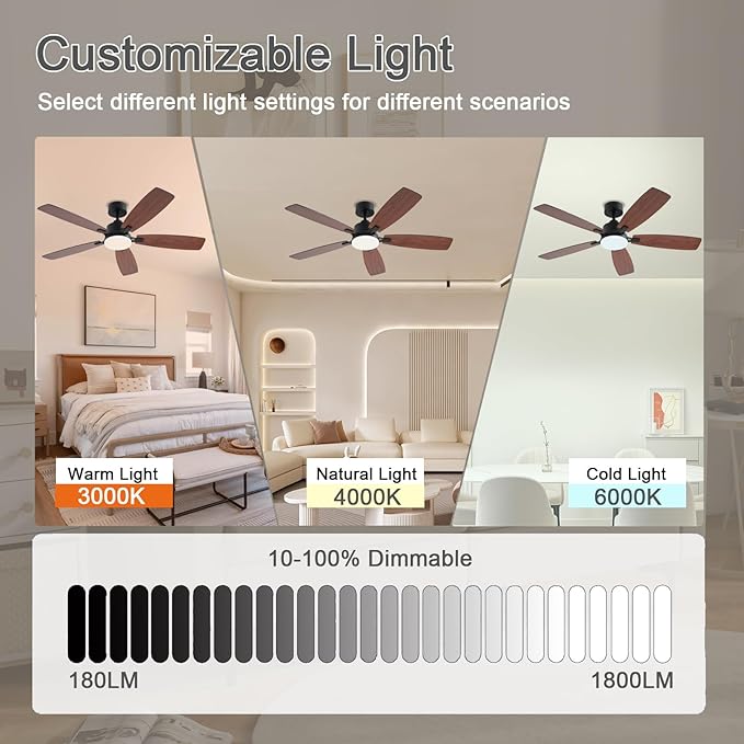 52inch Ceiling Fans with Lights, Low Profile Ceiling Fan with Light and Remote/App Control, 2 Downrods, DC Reversible Motor, Noiseless, Dimmable Brown Ceiling Fan for Bedroom Livingroom