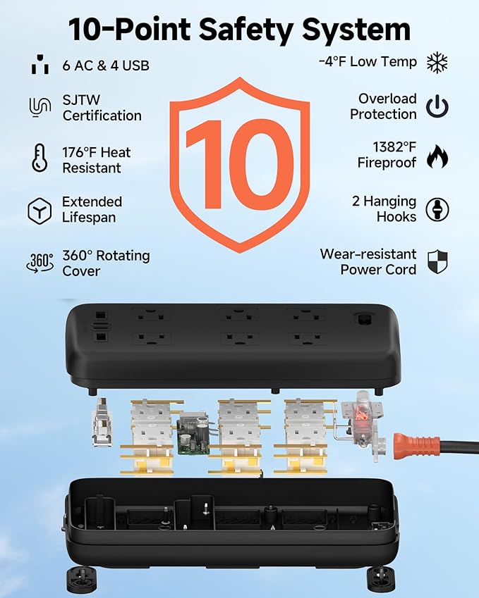 Outdoor Power Strip Weatherproof IPX6,1625W/13A 6 Ft Extension Cord,4 USB Ports & 6 Wide Outlets for Multiple Devices,Wall Mountable for Yard,Workshop,Poolside,RV Camping,Black