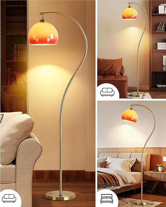 Arc Floor Lamp with Sunset Orange Glass Shade, Atmosphere Mid-Century Modern Mushroom Tall Lamp, Gold Vintage Floor Lamp for Living Room Corner Bedroom, Bulb Included, Orange Gold