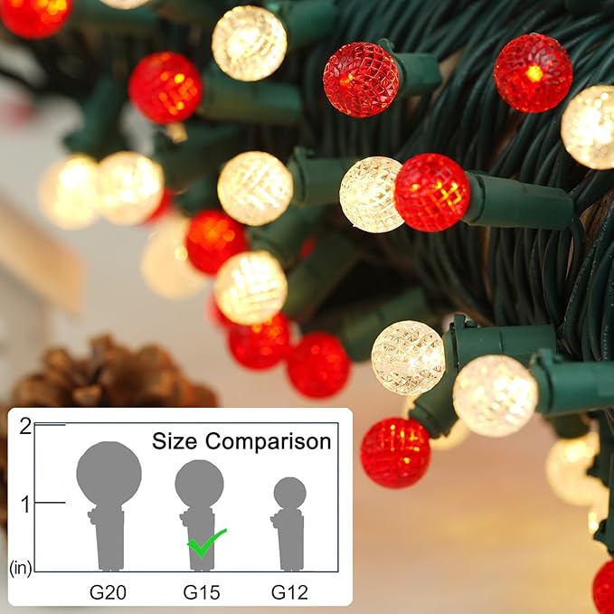 BOHON Christmas Lights Outdoor Faceted G15 50 LED 17ft Plug in Mini Globe String Lights Waterproof Extendable Green Wire for Indoor Patio Xmas Thanksgiving Tree Decoration Red and Warm White
