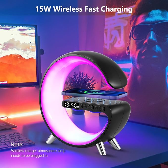 DEECOZY Multi Functional Wireless Charger Atmosphere Lamp, Intelligent Bluetooth Speaker LED Table Lamp,256 Lights Mode Dimmable Night Light Bedside Lamp Alarm Clock with Music Sync App Control(Black)