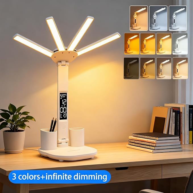 Led Desk Lamp with Clock Foldable Study Lamp 3 Lighting Modes Table Lamp Dimmable Eye Caring Reading Lamp for Home Office College Dorm Bedroom Bedside