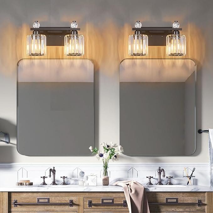 Bathroom Vanity Lights 2-Light Plating Black Modern Crystal Vanity Light Fixtures Over Mirror Crystal Bathroom Vanity Lighting Fixtures