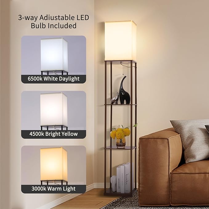 Floor Lamp with Shelves, Modern Square Standing Lamp with 3 Color Temperature Bulb, Corner Display Bookshelf Lamp for Living Room, Bedroom and Office(Brown-2 Pack)