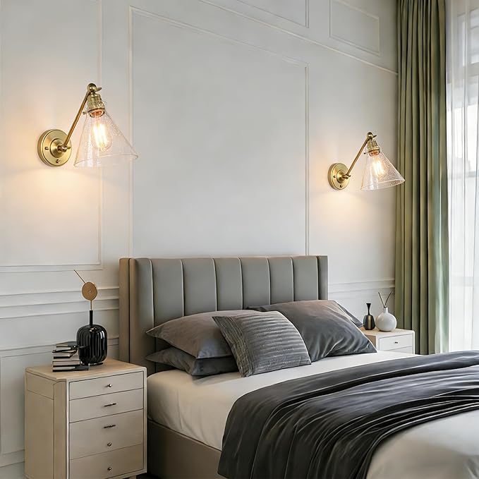 Industrial Vintage Slope Pole Wall Mount Single Sconce with Funnel Flared Clear Glass Shade, Swing Arm Wall Sconce Light Lamp Fixture Hardwired