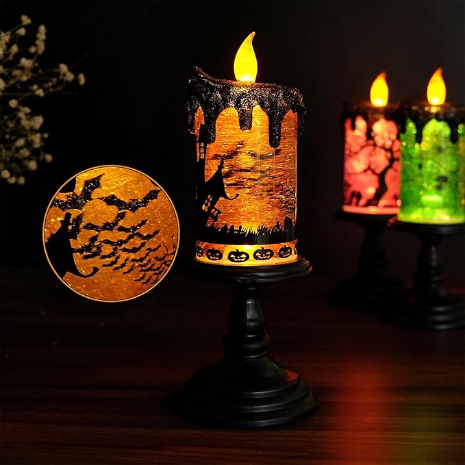 DRomance Halloween Flameless Candle Snow Globe Battery Operated with 6 Hour Timer, Yellow Light Bat Decal Water Tornado Lamp LED Candlestick Halloween Season Decor Gift 4 x 10 Inches
