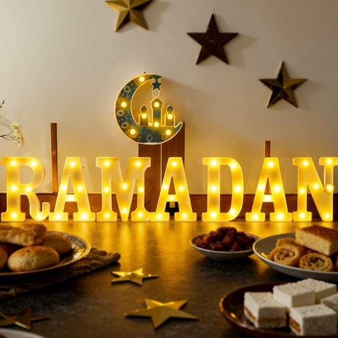 8 Pcs Large Ramadan Decorations LED Letter Sign Ramadan Mubarak LED Lights Battery Powered Table Decorations for Eid Home Party Supplies
