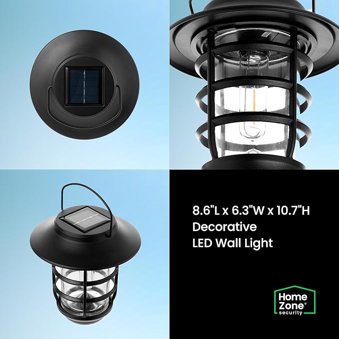 Home Zone Security 2-Pack Solar Wall Hanging Lights LiFePO4 Battery 3000K Warm 20lm Up to 12 Hours Dawn Motion Sensor Auto, IP65 Waterproof, No Wiring Required, Aluminum and Glass Construction