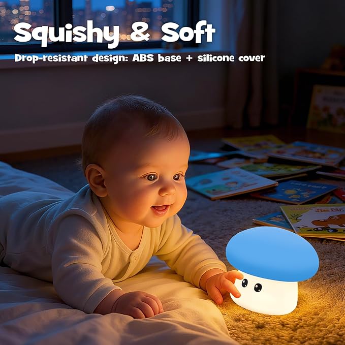 Squishy Big Eyes Mushroom Night Light with RGB Mode 3 Brightness Adjustable Nursery Breastfeeding Nightlight Cute LED Blue Mushroom Lamp Rechargeable Silicone Touch Bedside Lamp for Bedroom Dorm Decor