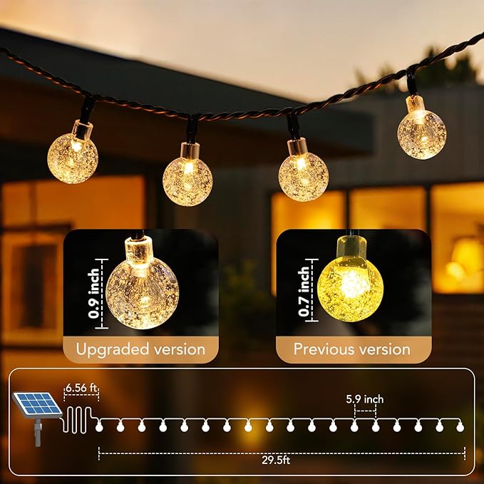 Metaku Solar String Lights for Outside, 36FT 60 LED Crystal Globe String Lights, Solar Powered Outdoor Lights with 8 Lighting Modes, Patio Hanging Lights for Garden, Camping and Party Décor Warm White