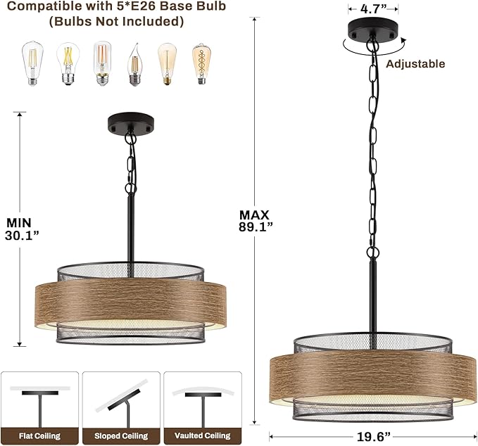 19.7 inch Farmhouse Chandeliers for Dining Room, 5-Light Rustic Large Round Black Chandelier Metal Wood Texture Interior Hanging Lighting for Entryway Kitchen Island Foyer Bedroom Living Room