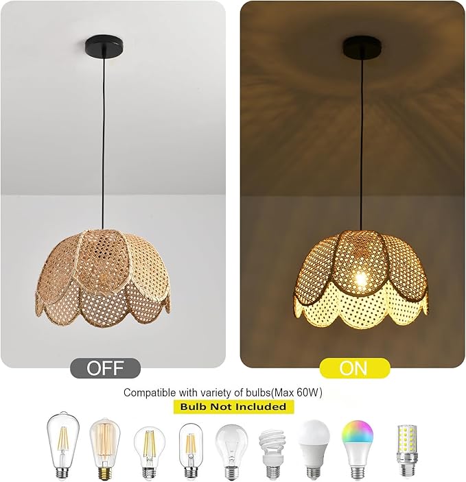 15.75" Rattan Pendant Light Boho Natural Rattan Hanging Lamp,1-Light Hand-Woven Flower Shaped Ceiling Chandelier for Dining Living Bedroom Kitchen Farmhouse