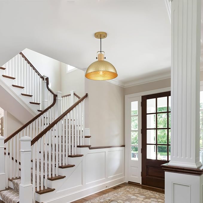 12 Inch Gold Pendant Lights Hammered Matte Pendant Lights for Kitchen Island Industrial Farmhouse Adjustable Height Dome Hanging Light Fixtures for Barn, Dining Room 2 Packs