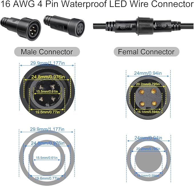 MAD OWL 4 Pin Waterproof LED Wire Connector, 16 AWG 196.8 inch/5M IP68 Male and Female Heads Extension Cable for Indoor and Outdoor LED Strip Light(1 Strip Black)