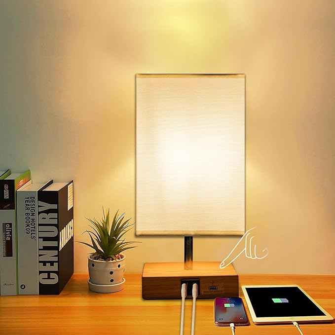 Touch Control Table Lamp, 2 USB Charging Ports, Bedside Lamp for Nightstand with Round Fabric Lamp Shade, Modern Night Light for Living Room, Bed Room, Kids Room, Office (Square)