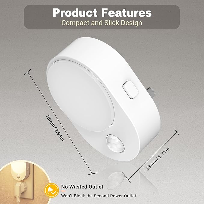 JandCase LED Motion Sensor Night Light, 2 Pack, Motion Activated Sensor Night Lights Plug into Wall, 3000K Warm White, Dimmable Nightlight with Dusk to Dawn Sensor for Kids Bathroom Hallway Bedroom