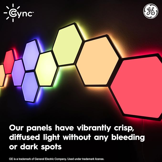 Cync GE Dynamic Effects Indoor Hexagon WiFi Smart LED Color Changing Lights, Wall Light Panels for Room Décor, Gaming Setup, Music Sync LED Wall Art, Works with Alexa and Google, 5 Panels