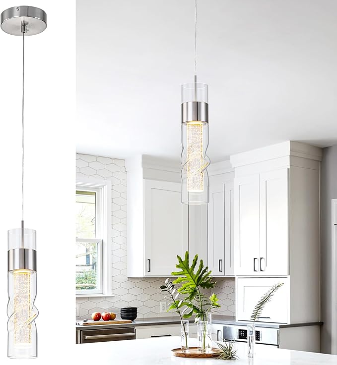 WILON Led Kitchen Island Ceiling Light, 9W Crystal Hanging Lights with Threaded Clear Glass, Adjustable Modern Pendant Light Led Kitchen Light Fixtures for Dining Room Bedroom(1 Pack)