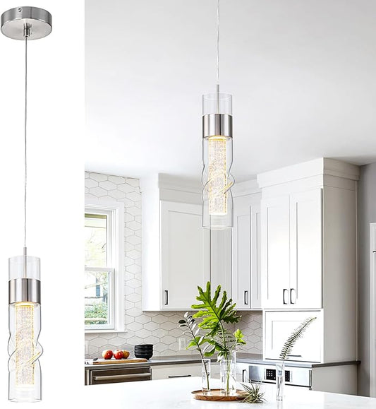 WILON Led Kitchen Island Ceiling Light, 9W Crystal Hanging Lights with Threaded Clear Glass, Adjustable Modern Pendant Light Led Kitchen Light Fixtures for Dining Room Bedroom(1 Pack)