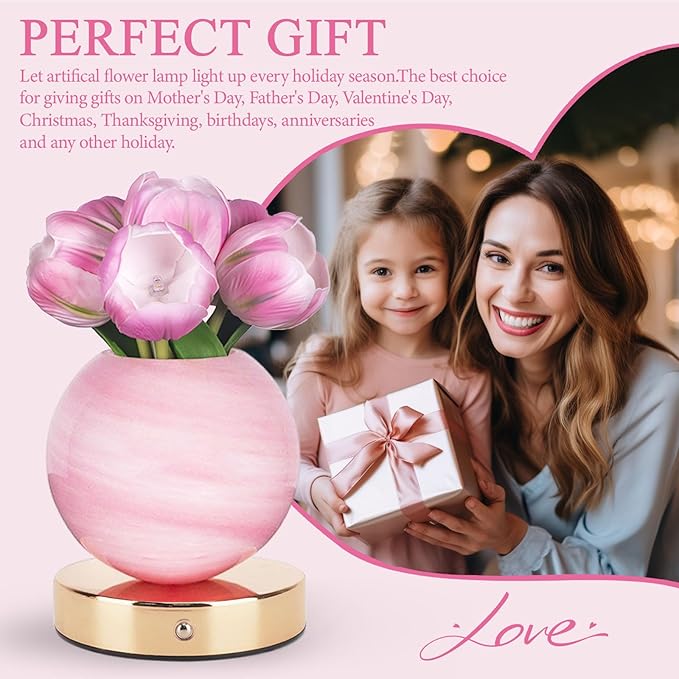 Tulip Table Lamp, Rechargeable Cordless Touch Dimming Artificial Tulip Flower Desk Lamp, LED Flower Bedside Night Light Romantic Gifts for Girl Women Mom (Pink Tulip)