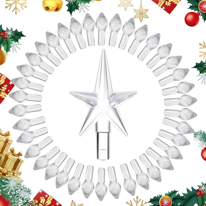 Boao 100 Pieces Ceramic Christmas Tree Bulbs and 5 Stars Replacement Plastic Bulbs for Ceramic Christmas Tree Decorations(3.8 mm Diameter,Transparent)
