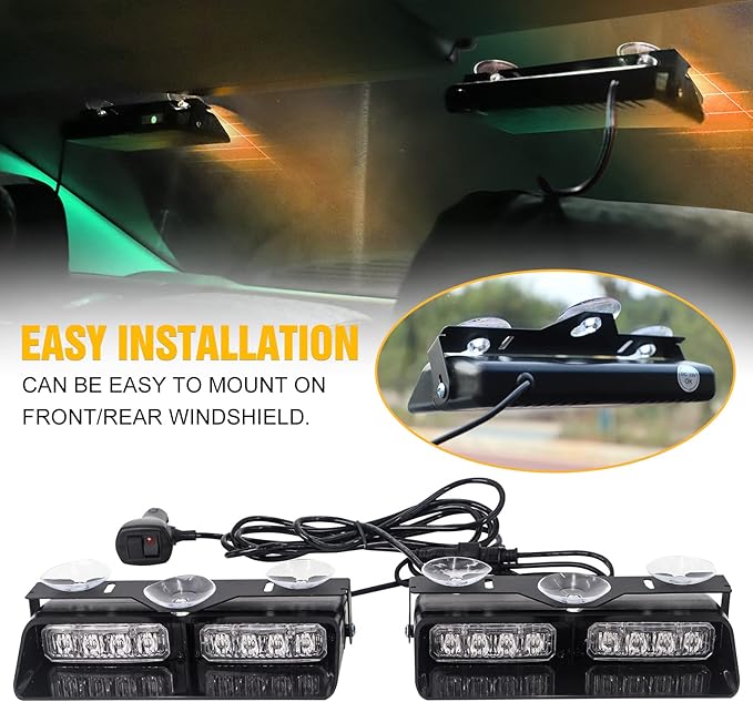 XRIDONSEN 2 in 1 Dash Emergency Strobe Lights Front/Rear Amber Green Windshield Lights Warning Safety Flashing w/Suction Cups for Volunteer Vehicles, Trucks（Amber/Green