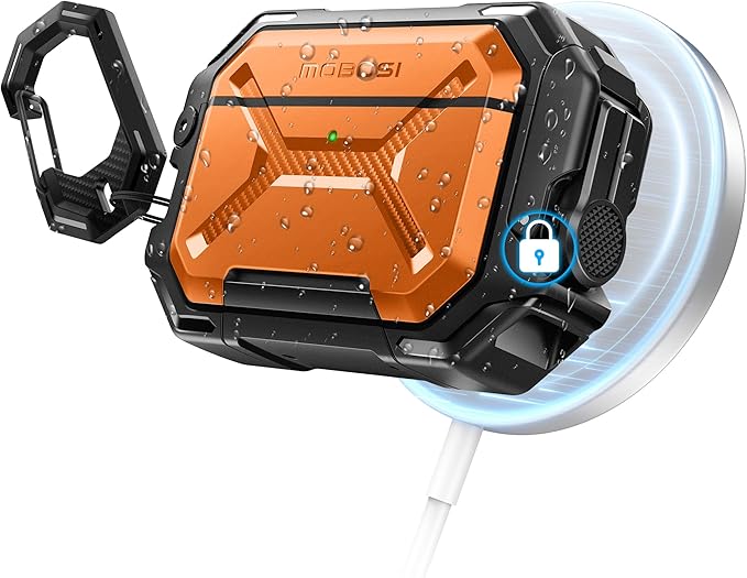 MOBOSI for AirPods Pro 3 Case [IP68 Waterproof Case for iPods Pro 3&Compatible with MagSafe] Military Grade Protective Earpods Pro3 Cover with Secure Lock, Keychain & Phone Stand (2025),Orange