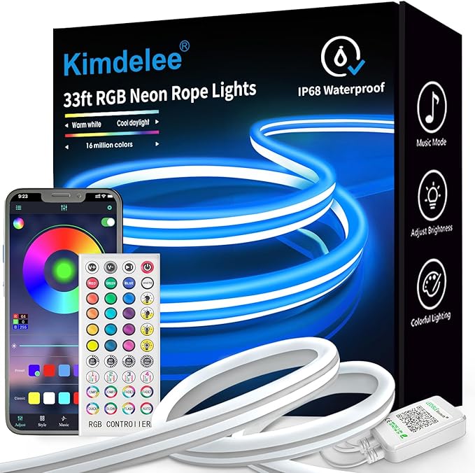 33ft Neon Rope Lights, RGB IP68 Waterproof Flexible LED Strip Lights, Neon Lights with App Remote for Wall, Bedroom, Outdoors, Pool
