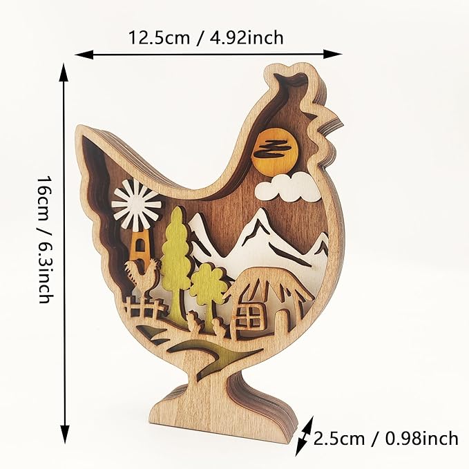 Drawelry 3D Wooden Animals Carving Home Decorative - Creative Wood Carved Lamp Farmhouse Wooden Animals Sculpture Ornaments Easter Birthday Gifts for Family Friend Son Dad (Chicken, Without Light)
