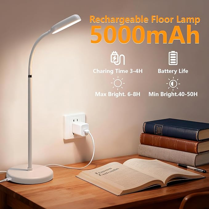 NBPLUS Cordless Portable Floor Lamp, White Touch- Standing Lamp with 3 Color Temperatures, Lightweight & Easy to Carry for Indoor Outdoor Camping Bedroom-White
