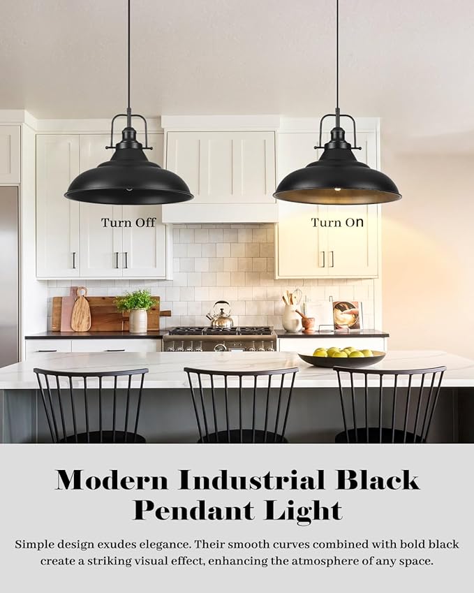Black Pendant Light Kitchen Island,16 Inch Large Industrial Pendant Lights, Matte Black Pendant Lights, Vintage Farmhouse Pendant Light for Kitchen Island, Dining Room, Hallway (3 Packs)