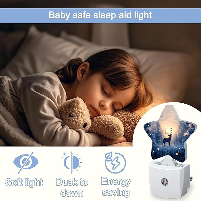 Christmas Deer Dusk to Dawn Star Night Light,Winter Tree Snowflake Smart Sensor Nightlight for Bedroom Kitchen Hallway Stairs,Plug-in Energy Efficient Decor Desk Lamp Women Men Gifts
