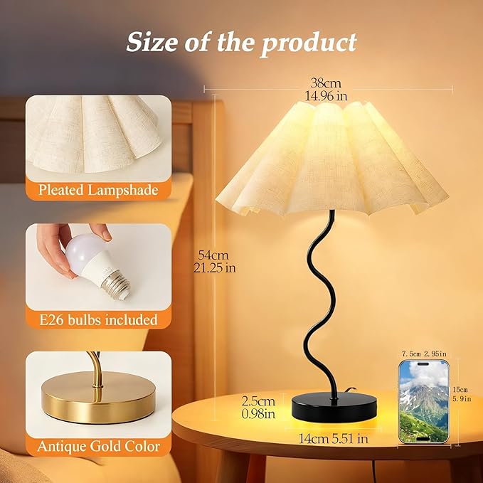 Small Table Lamp, Pleated Table lamp for Bedroom, Bedside Lamps for Nightstand with Linen Lampshade, Modern Lamp for Bedroom Home Office Decor, Black.