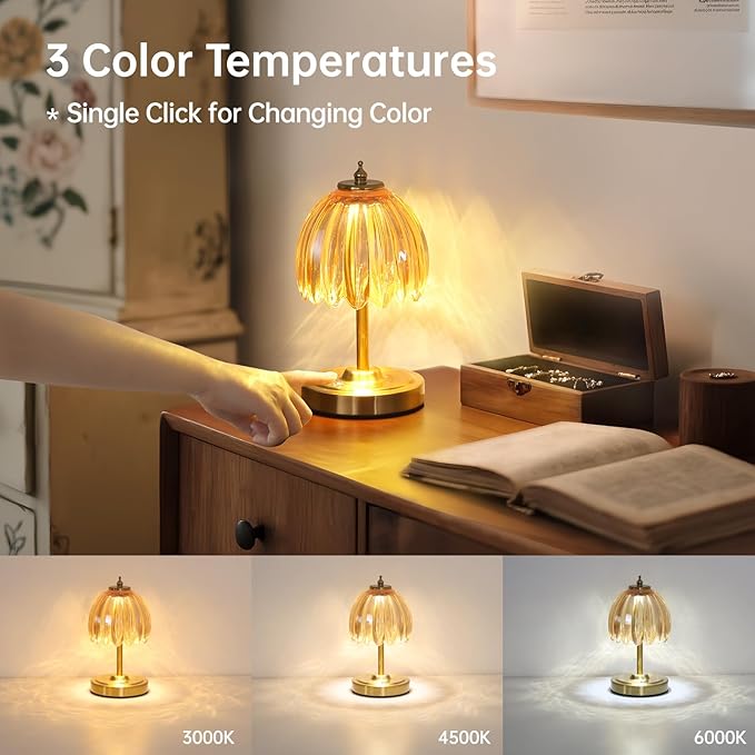 Tulip Small Table Lamp, 5200mAh Cordless Touch Control Mini Table Lamp with 3 Color Temps & Stepless Dimming, Perfect for Small Spaces Like Dressers, Bedsides, Bookshelves (Amber Tulip)