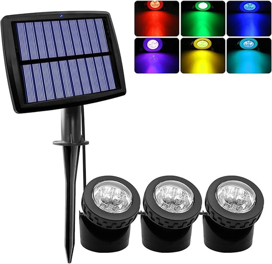 RGB Color Changing LED Underwater Lights with 2 Modes, Solar Submersible Fountain Lights IP68 Waterproof, Landscape SpotLights for Pond Waterfall Fountain Pool (3 in 1)
